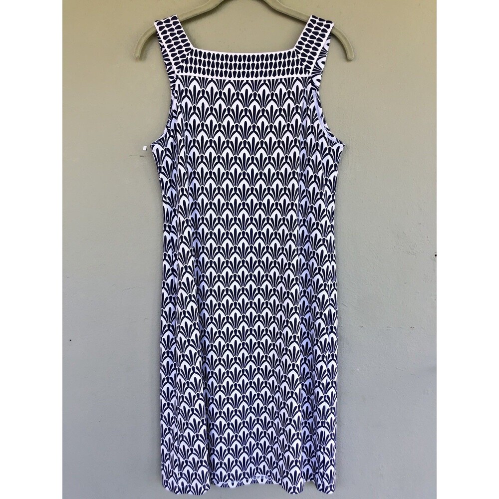 Talbots Effortless Jersey Dress S Blue White Fan Print Sleeveless V Neck Coastal - Picture 5 of 13